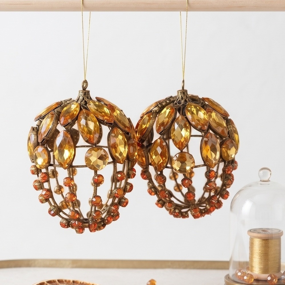 Vintage Style Amber Jeweled Cage Hanging Ornaments Set of 2 Orange Bronze Tone